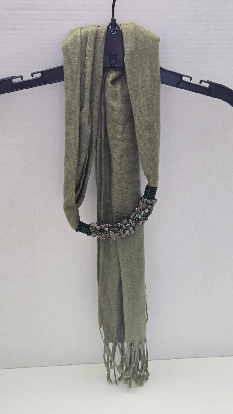 PASHMINA Beaded Scarf Olive Green Bohemian Artsy Eclectic Jeweled Necklace